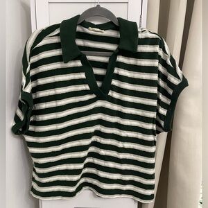 Madewell Relaxed V-Neck Polo Shirt in Stripe (Summit Green - Size Large)